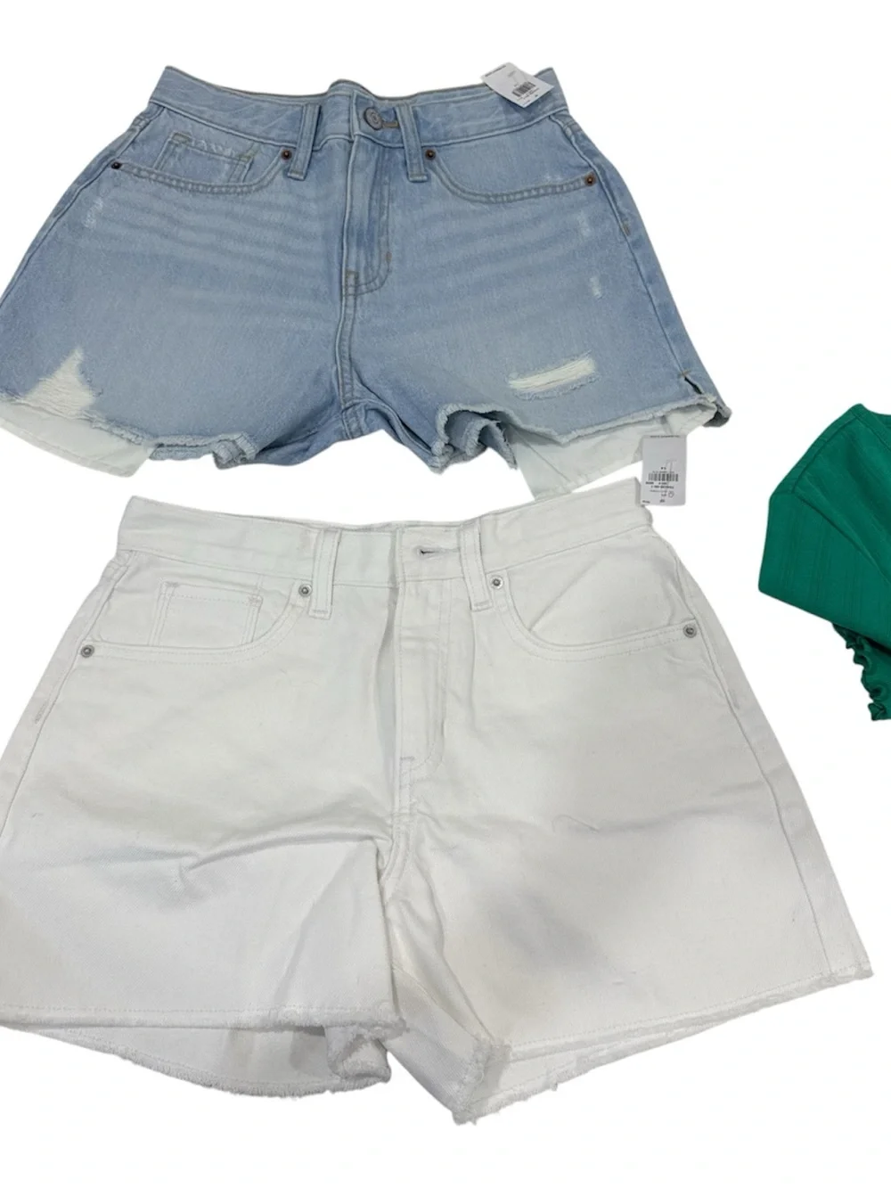 Old Navy White and Light Blue Denim Girls Shorts with Green Top size 14